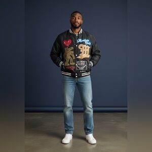 Members Only Black and Gold Graphic Bomber Jacket